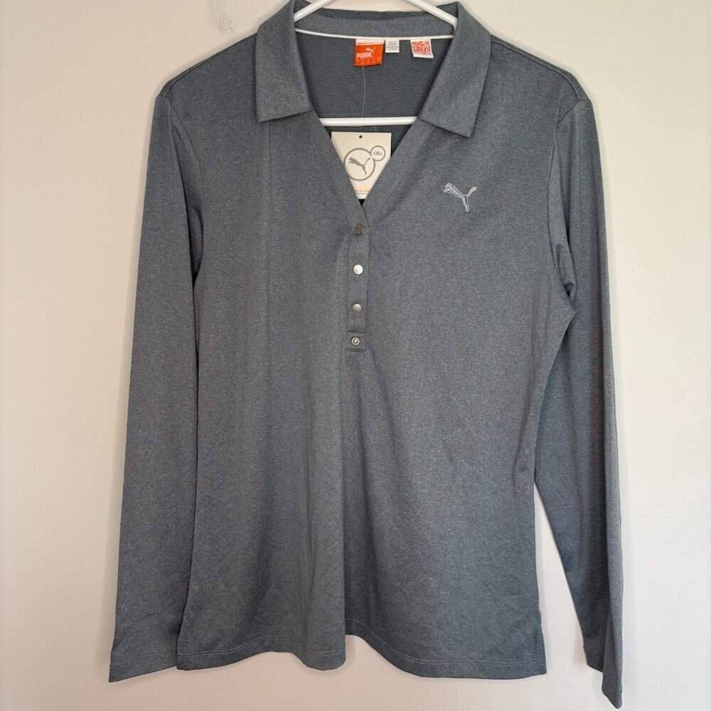 PUMA CELL NEW Collared Long Sleeve Polo Womens L Tradewinds Heather V-Neck Snaps